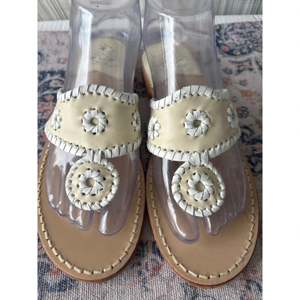 Jack Rogers Jacks Flat Sandal Cream White Leather Whipstitch Thong Size 8M